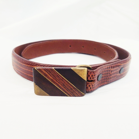 Vintage Mid-Century Modern Brown Lizard Belt with Wood & Bronze Inlay Buckle - Picture 8 of 8